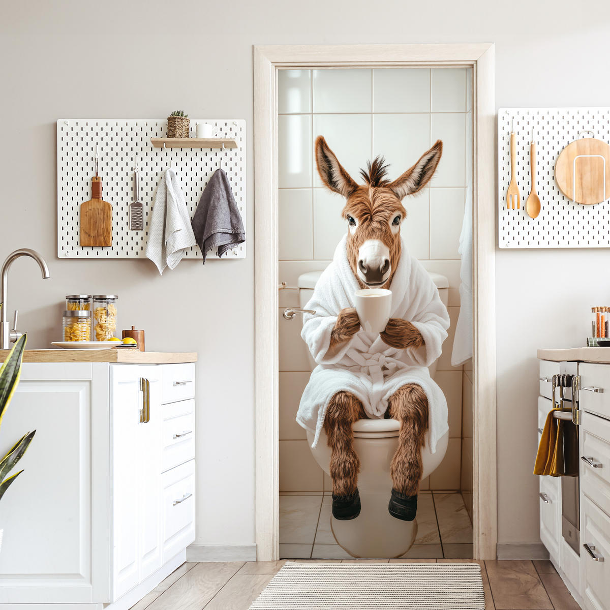 TÜRAUFKLEBER Selbstklebend - Esel - WC - Lustig - Bademantel - Tier 95x215 cm - Türtapete - Beige, Kunststoff (95/0.1cm) - MuchoWow