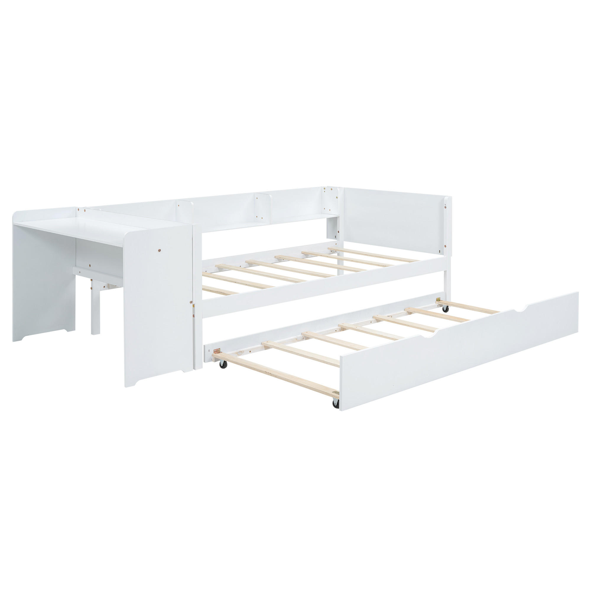 AUSZIEHBETT 90/200 cm DE-04752, mit Schreibtisch und 3 Regalen in Weiß - Weiß, Holz/Holzwerkstoff (90/200cm) - ComfortXL