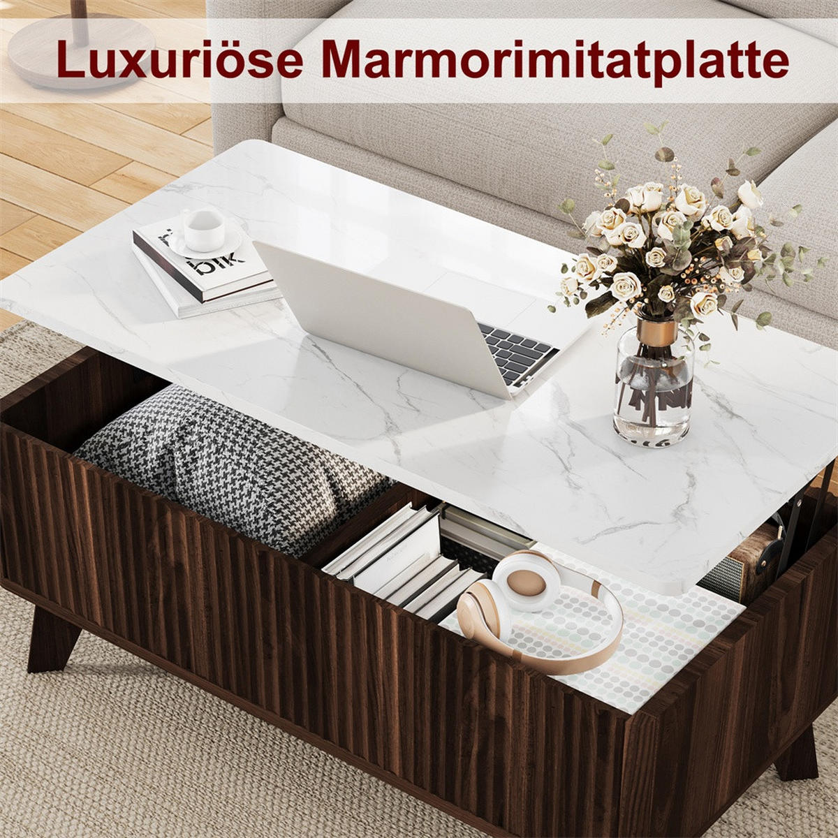 COUCHTISCH in weißer Marmoroptik - Couchtisch Rechteckig mit Lift-Funktion Stauraum und Holzbeinen - Walnuss - Walnussfarben, Holzwerkstoff (53/105/42cm) - DELFA