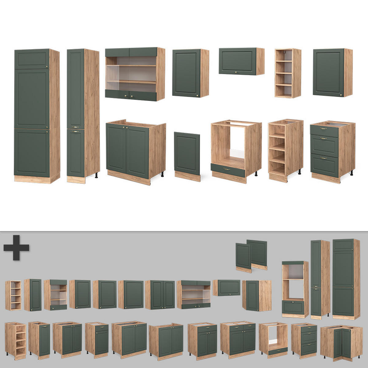 KÜCHENZEILE Fame-Line Grün-Gold Landhaus/Goldkraft Eiche 355 cm AP Anthrazit - Eiche Wotan/Grün, Holzwerkstoff (355/81.6/60cm) - Vicco