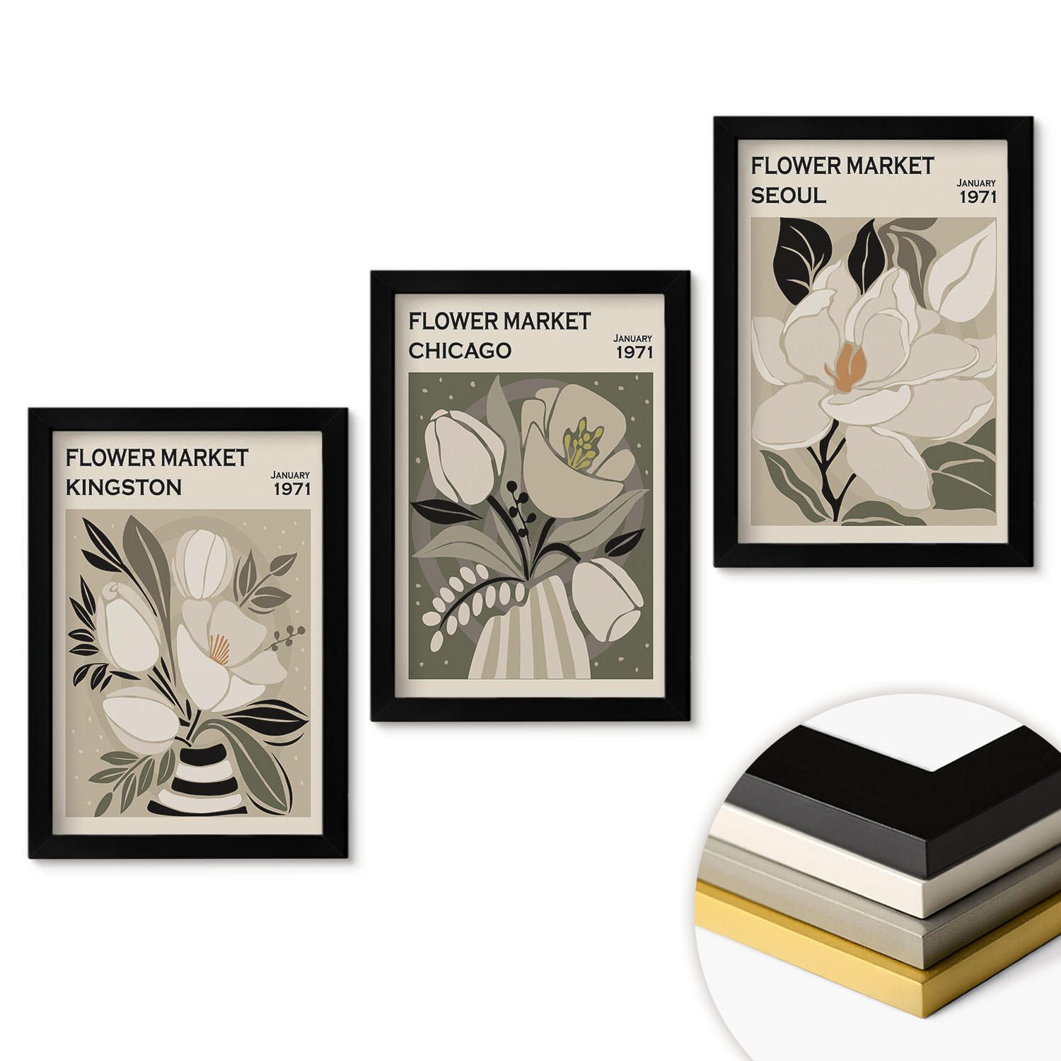 WANDBILDER 3er-Set - 20x30 cm Schwarzer Rahmen - Blumen Kingston Seoul Chicago Retro - Schwarz, Kunststoff (20/30cm) - ArtPrintCave