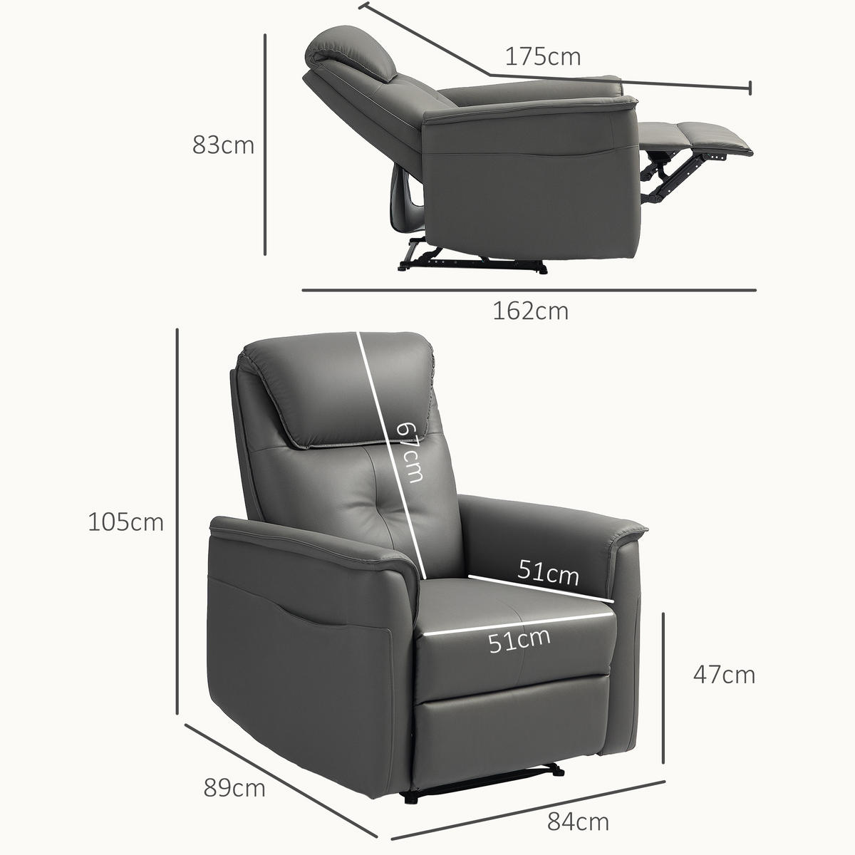 RELAXSESSEL mit Liegefunktion, Hellgrau - Hellgrau, Textil (84/105/89cm) - HOMCOM