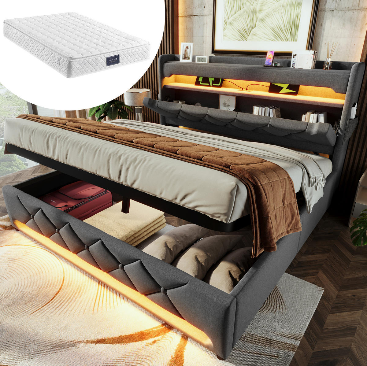 POLSTERBETT 140/200 cm Grau aus Leinen mit LED und Stauraum - Grau, Textil (140/200cm) - OKMYHOME