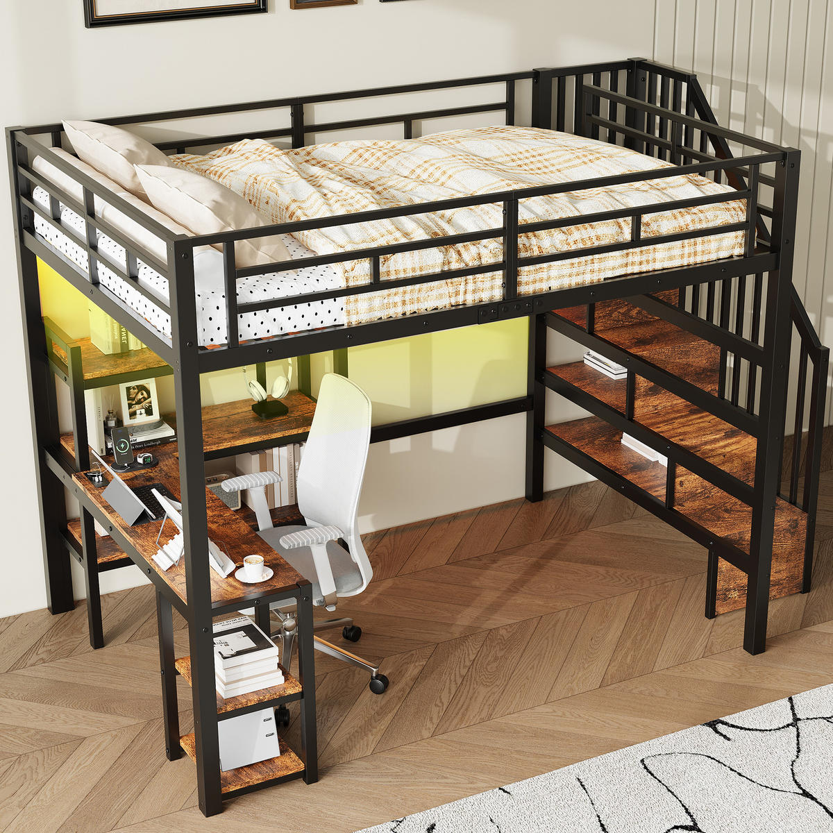 HOCHBETT 140/200 cm schwarz aus Metall und MDF mit Schreibtisch, Treppe und LED - Schwarz, Metall (140/200cm) - OKWISH