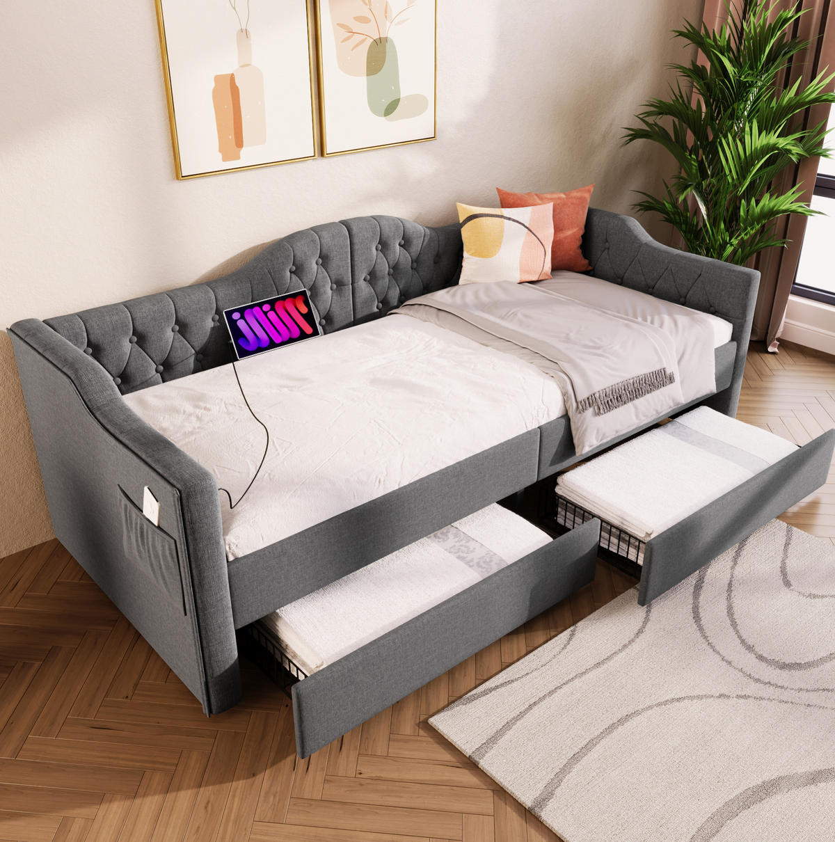 DNEVNI krevet od lana 90x190 cm sivi s USB i Type-C priključkom, 2 ladice i bočnim džepovima - siva, tekstil (90/190cm) - Modfu