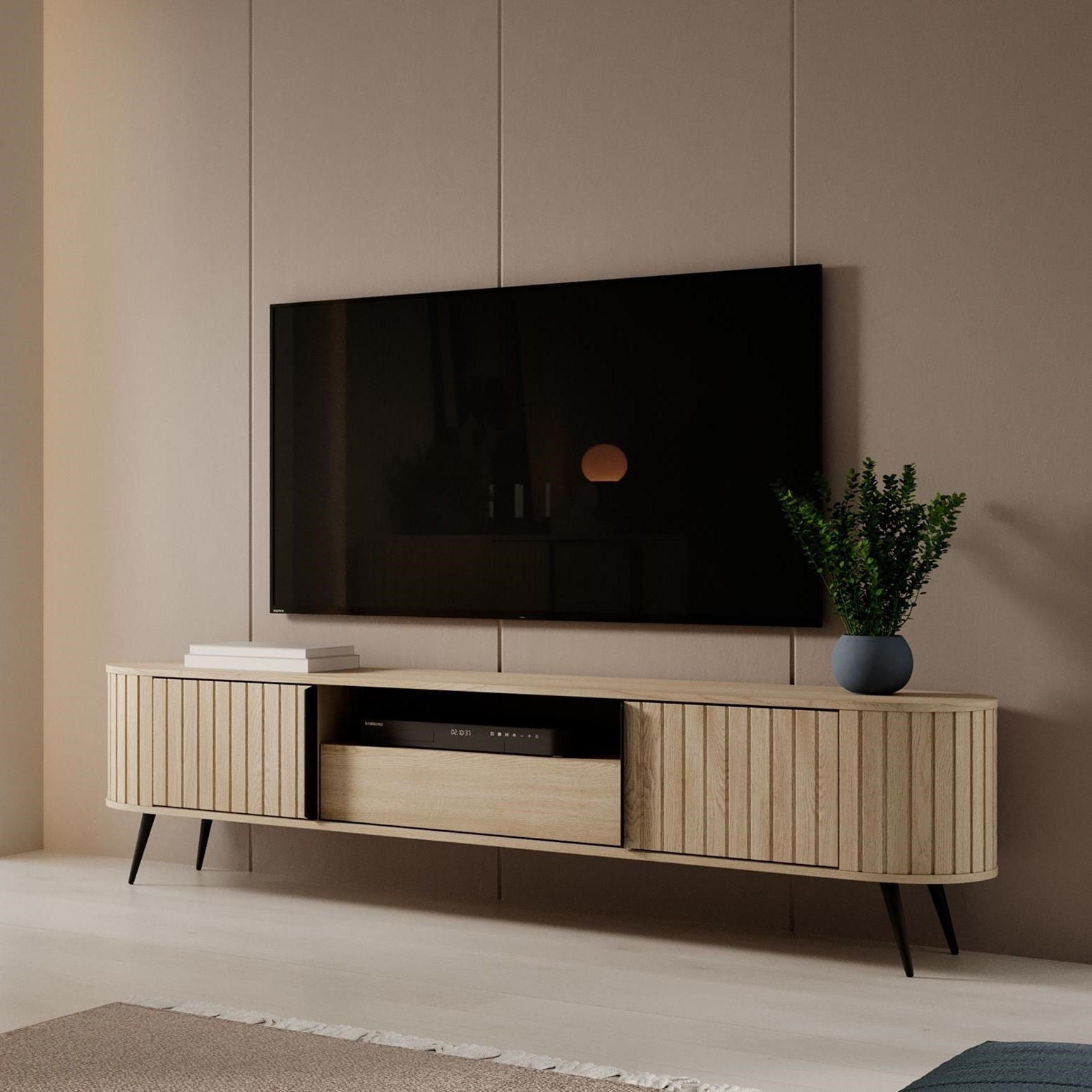 RTV-SCHRANK Rivo Eiche Cremona, TV-Tisch mit Schubladen und geriffelten Fronten - Eichefarben/Schwarz, Holzwerkstoff/Metall (196/51/40cm) - Bettso