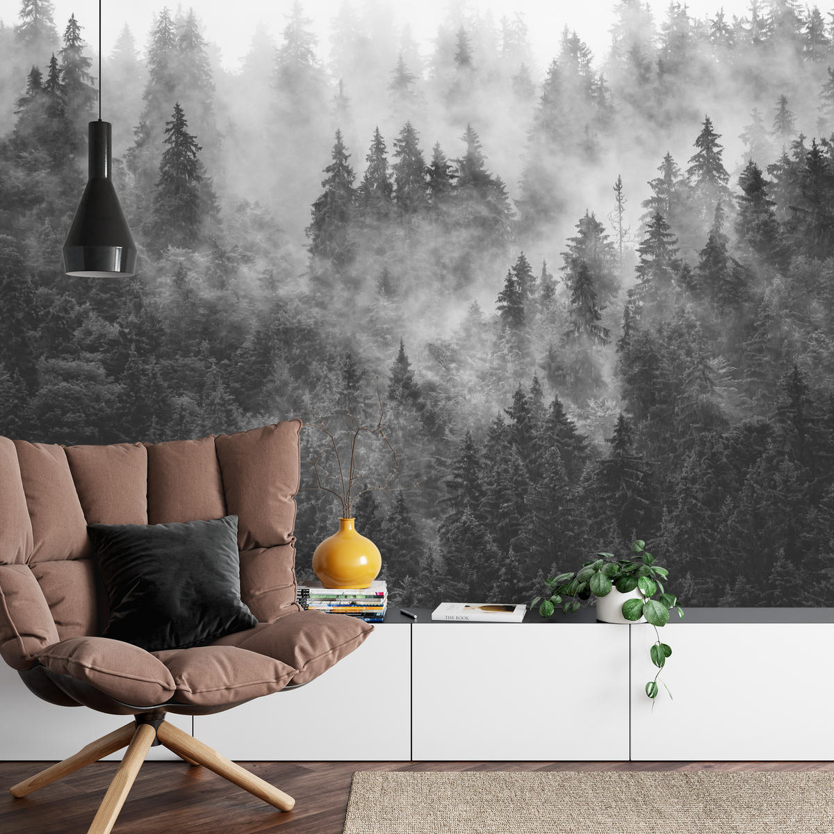 FOTOTAPETE für Wohnzimmer Dichter Nebel Forst Bäume 500x350 - Schwarz/Weiß, Papier (500/350cm) - Muralo