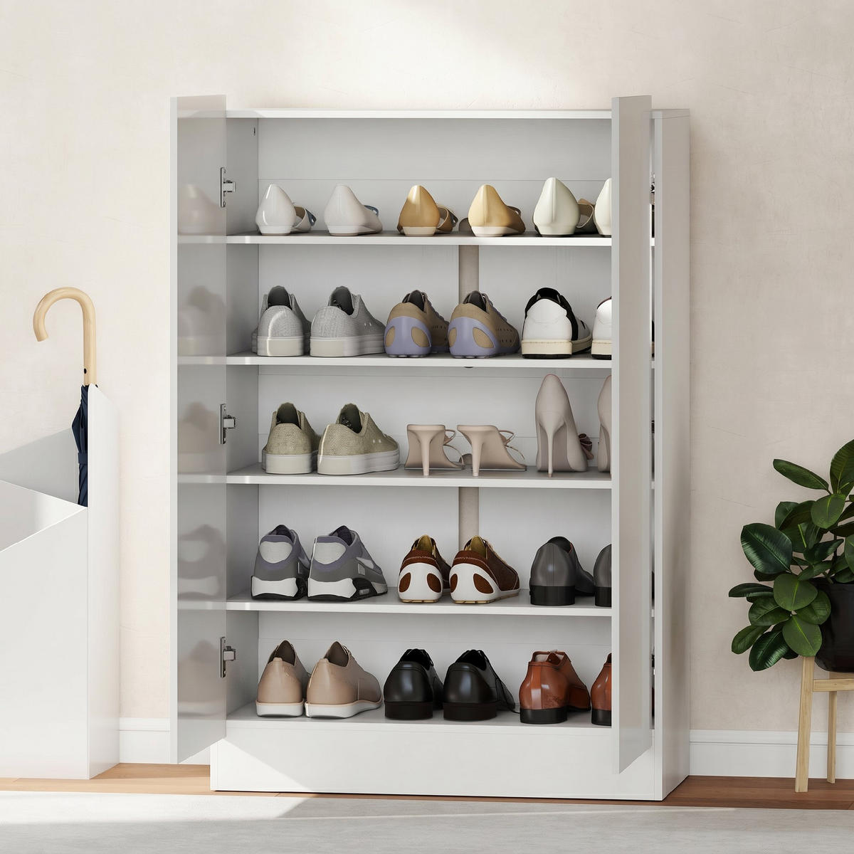SCHUHSCHRANK DE-15098 20 Paar Schuhe, 5 Ebenen Weiß Hochglanz - Weiß, Holzwerkstoff (72/103/34.5cm) - ComfortXL