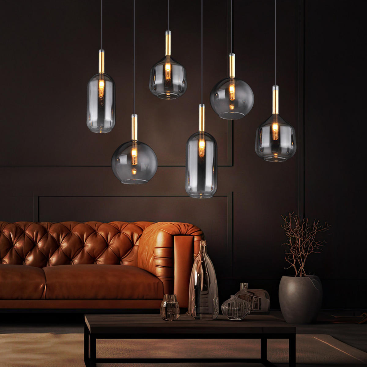 HÄNGELEUCHTE Metall Messing Rauchglas 6-Flammig - Messingfarben, Glas (85/36/120cm) - Globo Lighting