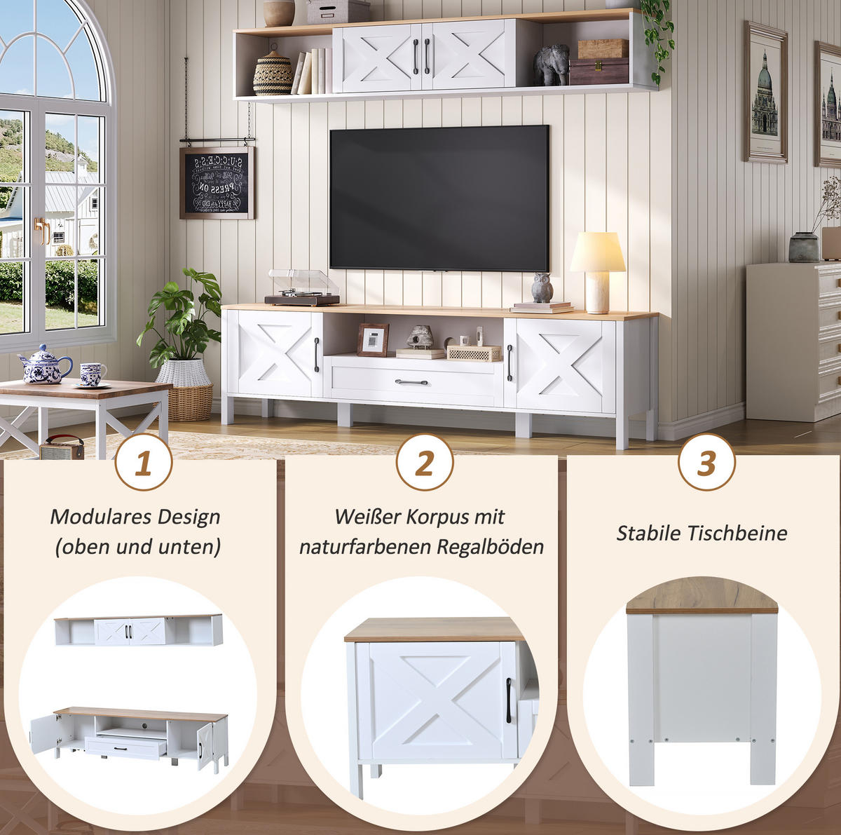 TV-WAND aus MDF 180x40x50 cm Weiß mit Hängevitrine, 4 Schränken und 1 Schublade - Weiß, Holzwerkstoff (180/50/40cm) - Modfu