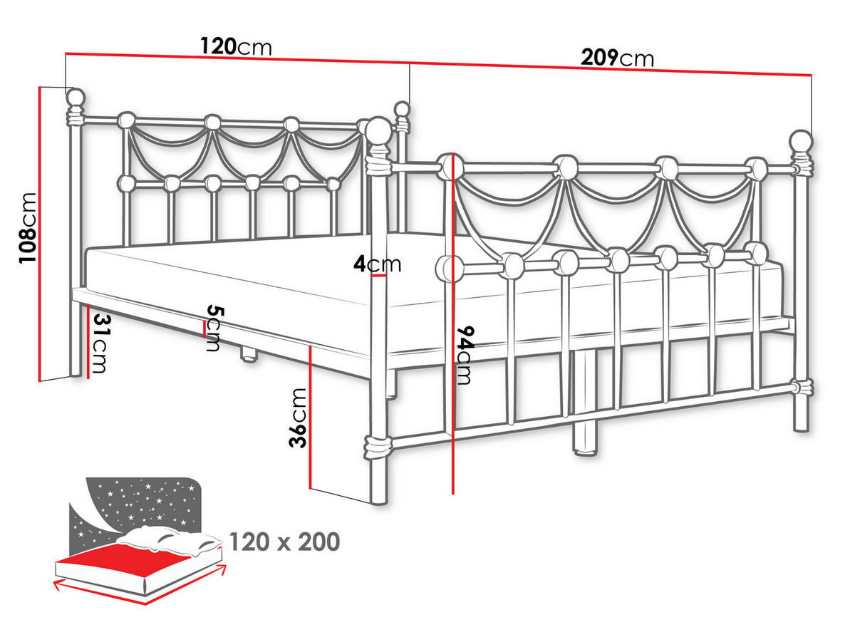METALLBETT Takezi - Naturfarben/Weiß, Holz/Metall (120/200cm) - MIRJAN24