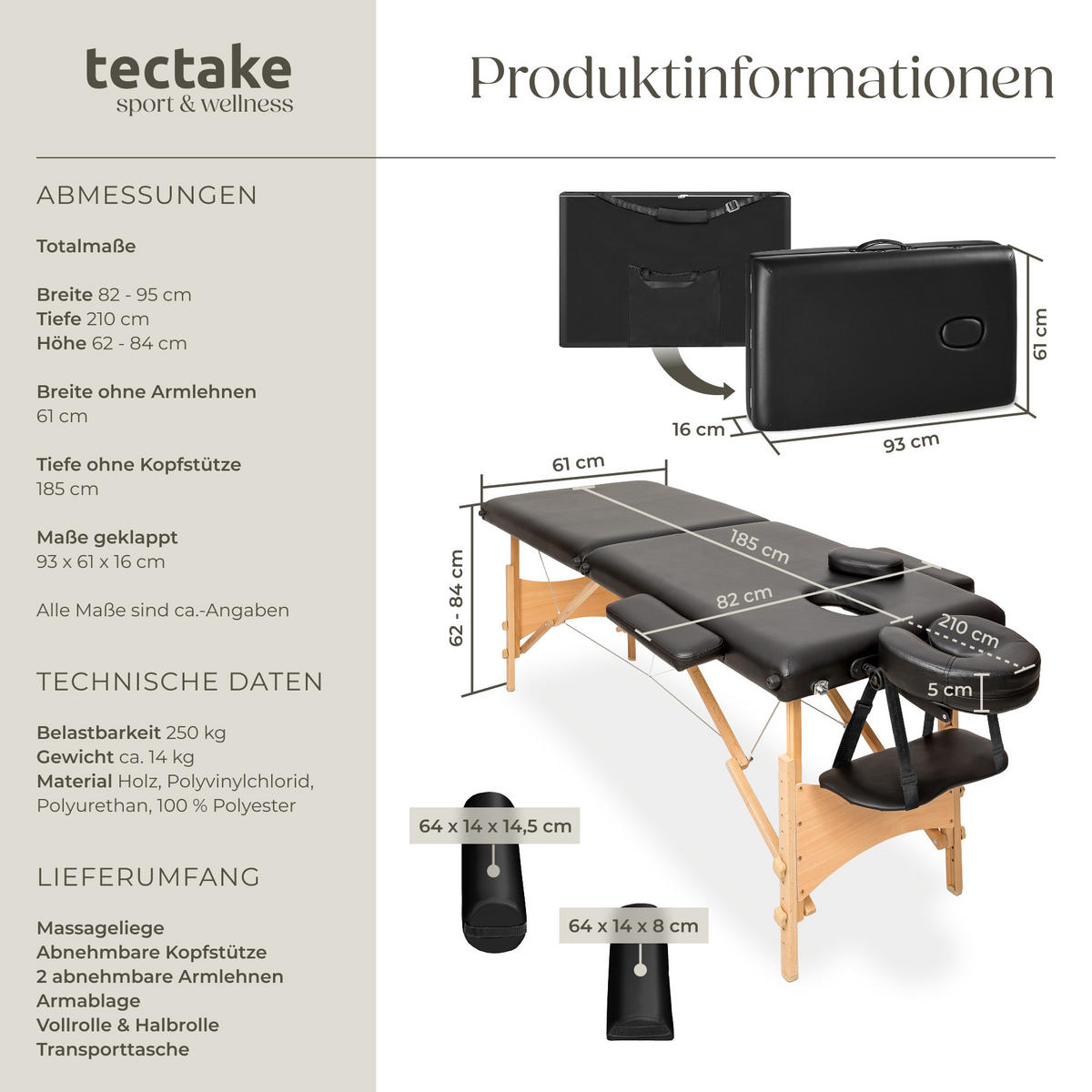 MASSAGELIEGE 2 Zonen Freddi,210 x 95 x 84 cm,schwarz - Schwarz, Holz (95/84/210cm) - tectake
