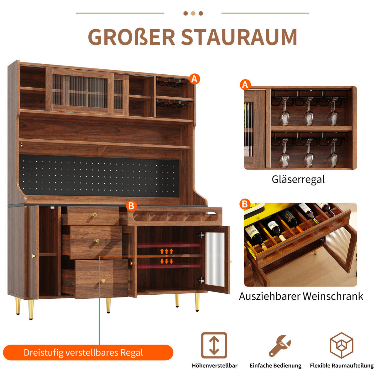 BUFFET 145/39/171 cm in Walnuss mit LED-Beleuchtung und Weinregal - Walnussfarben, Glas (145/171/39cm) - Flora Grace