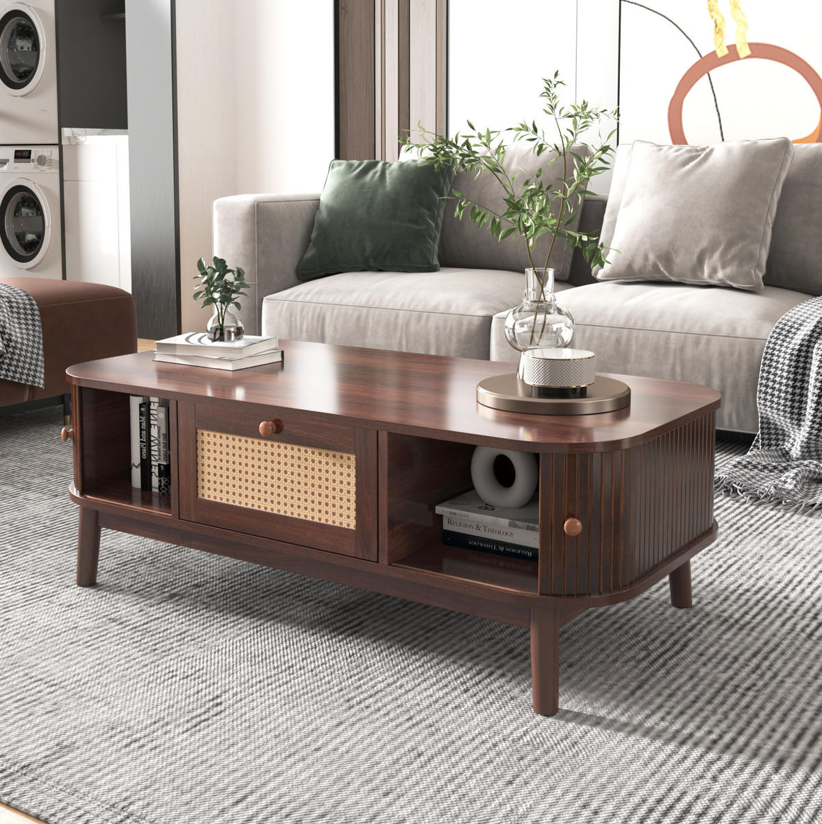 COUCHTISCH mit Rattan-Optik, Schubladen & Schiebetüren, MDF-Korpus, Massivholzbeine, 110/55/38,5 cm,Naturfarben - Naturfarben, Holzwerkstoff (55/110/38.5cm) - Redom