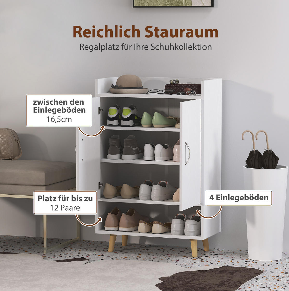 SCHUHSCHRANK 60/30/92 cm mit Türen und 3 Innenböden, platzsparend und kippsicher, Weiß - Weiß, Holzwerkstoff (60/92/30cm) - Redom
