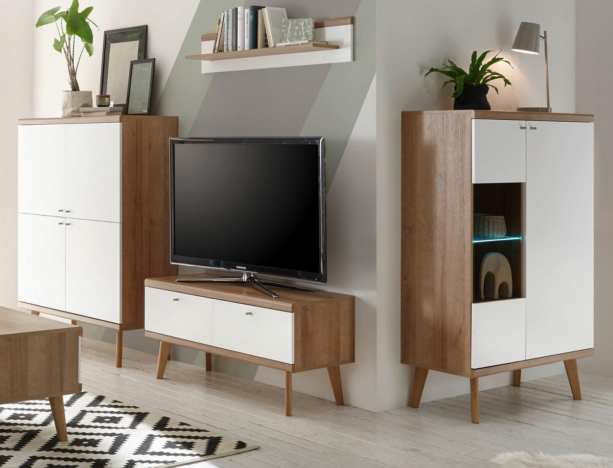 WOHNWAND weiß Eiche Riviera, Schrankwand skandinavisch 4-teilig 324 x 160 cm - Eichefarben/Weiß, Holzwerkstoff/Metall (324/160/40cm)