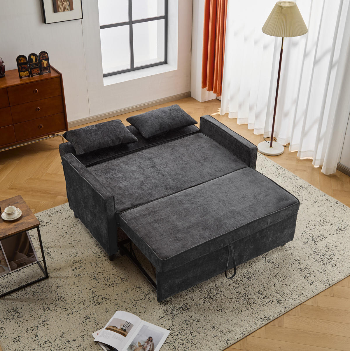 SCHLAFSOFA Chenille mit Ausziehfunktion und 2 Kissen Antikschwarz 142/79/85 cm - Schwarz, Textil (79/85/142cm) - Redom