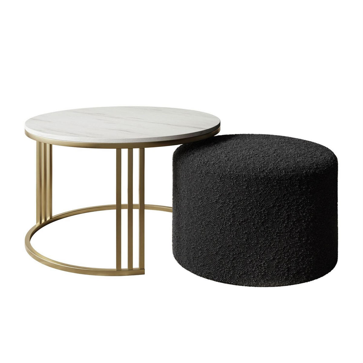 COUCHTISCH mit Hocker LORI MAT gebürstetes Gold/Marmor Levanto/Coral 60 - Weiß, Metall (70/70/49cm) - Lookway