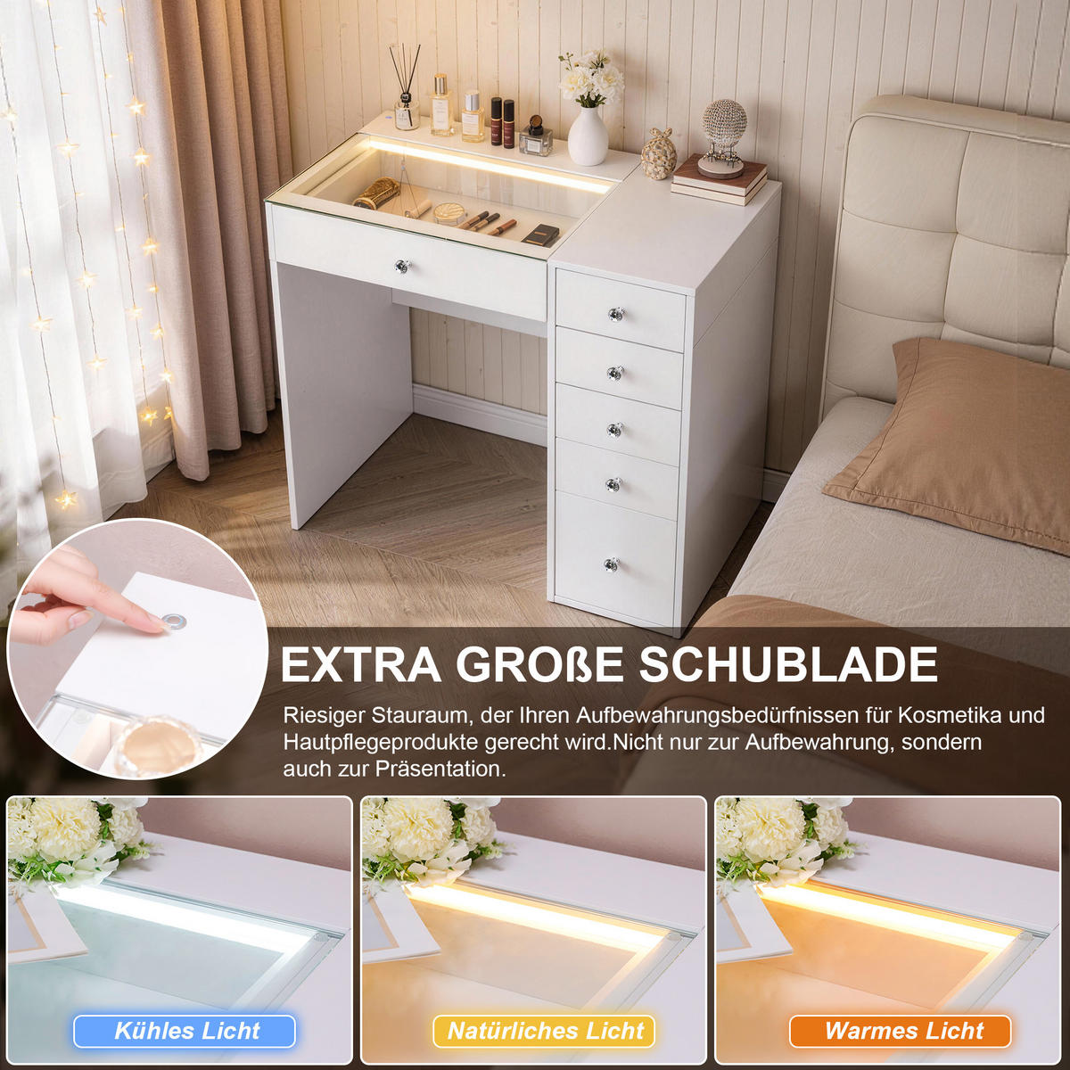 SCHMINKTISCH mit 6 Schubladen 92/55/81 CM und LED Beleuchtung Schminkspiegel 30 x 41 CM - Weiß, Holz (55/81/92cm) - VANITII