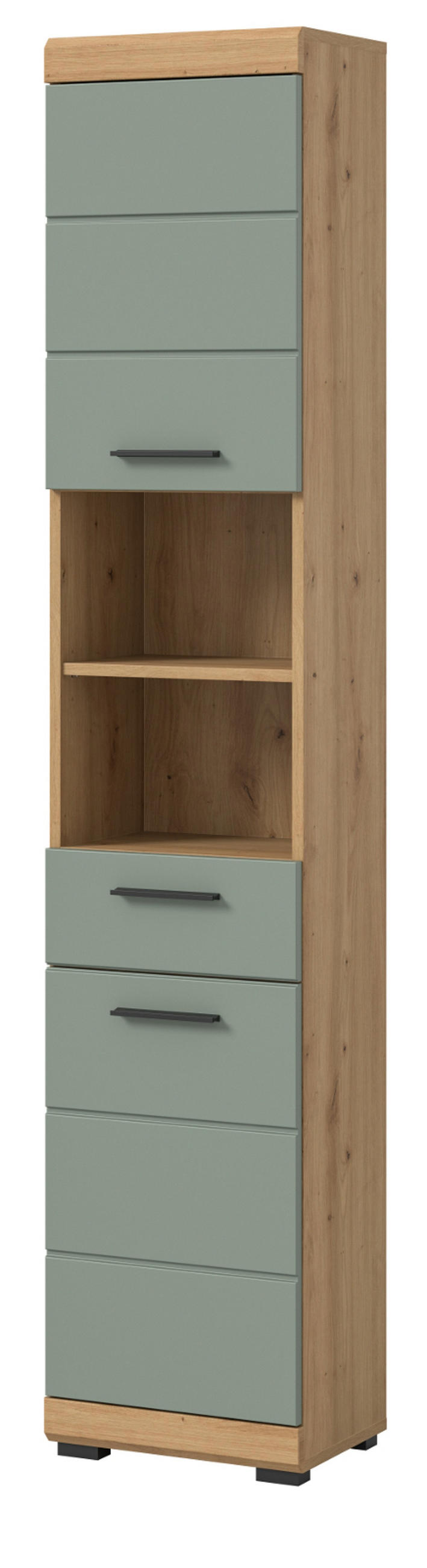 HOCHSCHRANK Salbei grün, Eiche Artisan 37 cm, Badschrank mit 6 Fächern - Salbeigrün/Schwarz, Holzwerkstoff/Kunststoff (37/191/31cm) - Inn.Furn