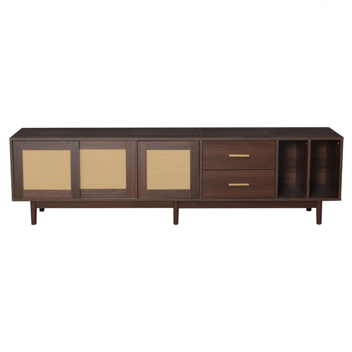 TV-SCHRANK 190 cm Braun & Rattan mit Schiebetüren, 2 Schubladen & 6 Füßen im Retro-Design - Braun, Holzwerkstoff (190/52/40cm) - Urban Meuble