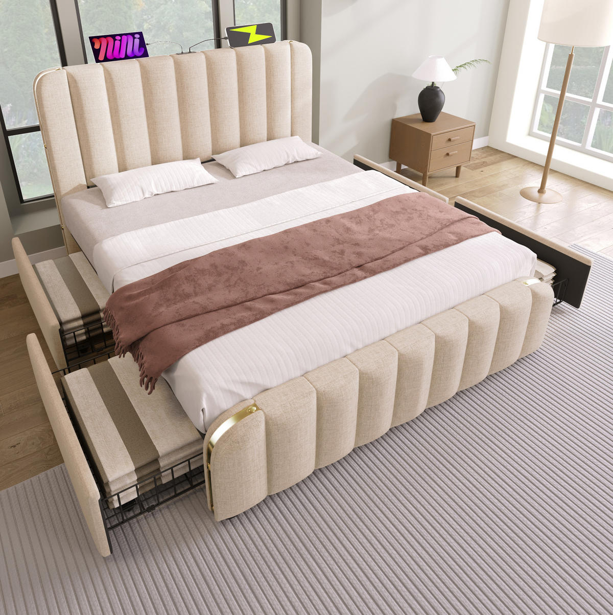 POLSTERBETT 140/200 cm Beige aus Leinen mit 4 Schubladen - Beige, Textil (140/200cm) - OKMYHOME