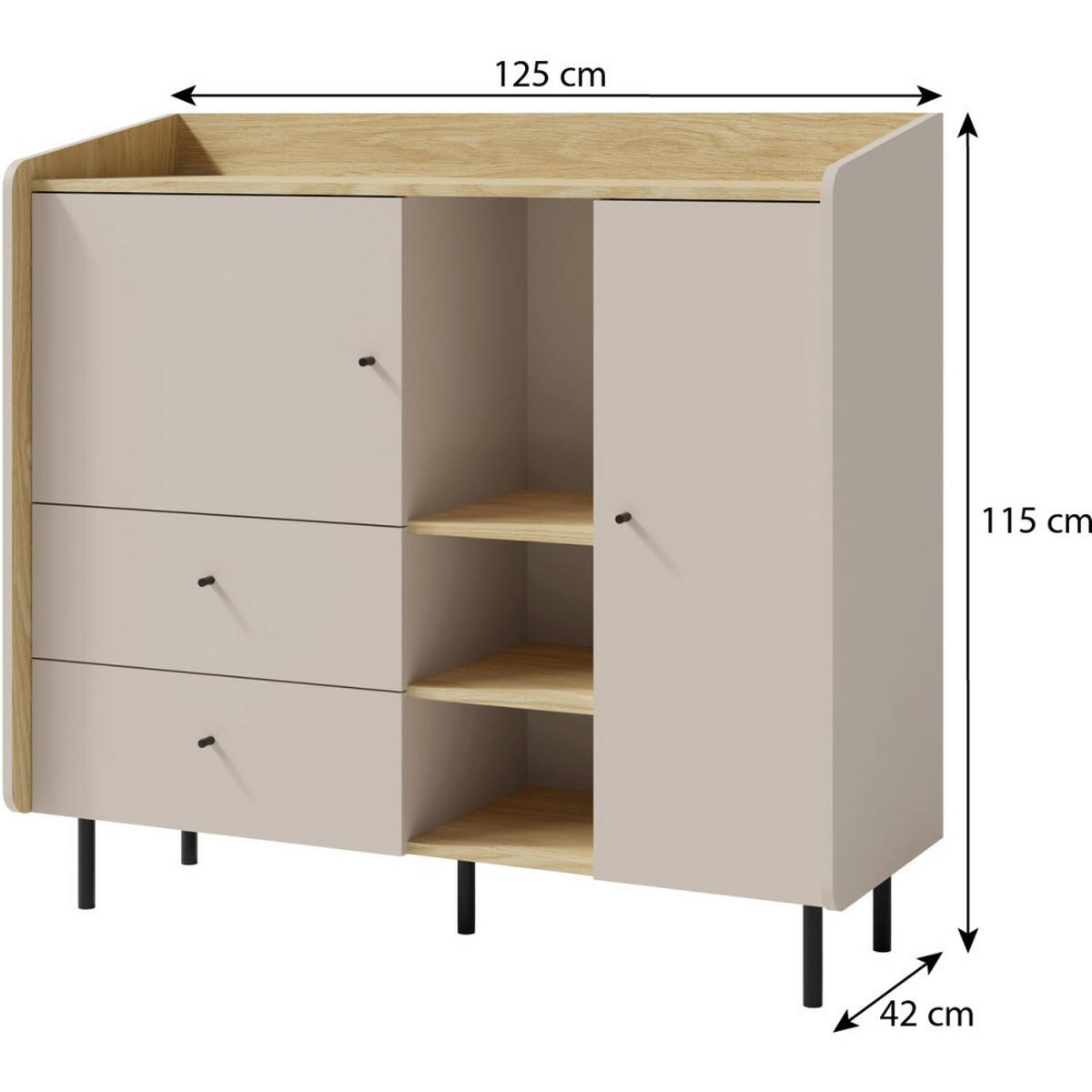 KOMMODE Alex für Jugendzimmer mit 2 Türen, 2 Schubladen - Beige/Schwarz, Holzwerkstoff (125/115/42cm) - Beautysofa