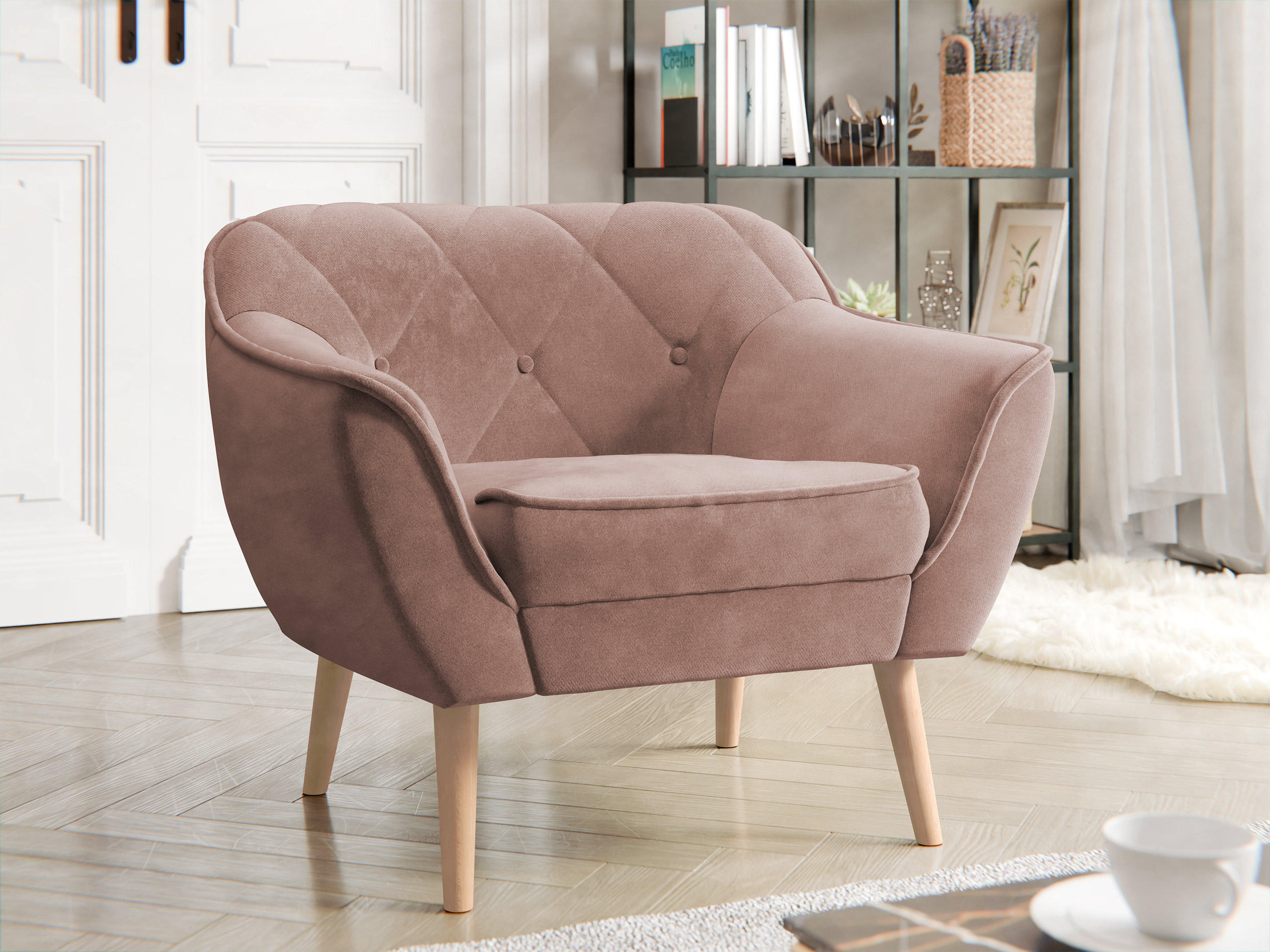 SESSEL Skand 1 - Naturfarben/Rosa, Holz/Textil (80/75/74cm) - MIRJAN24
