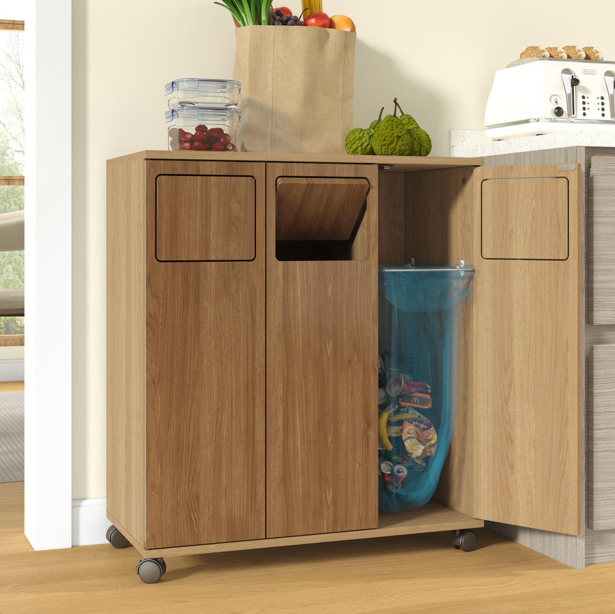SKŘÍŇKA na třídění odpadu z MDF 69,3x35x80,3 cm přírodní na kolečkách se 3 přihrádkami a dvířky 180° - přírodní, kompozitní dřevo (70/80/35cm) - Modfu