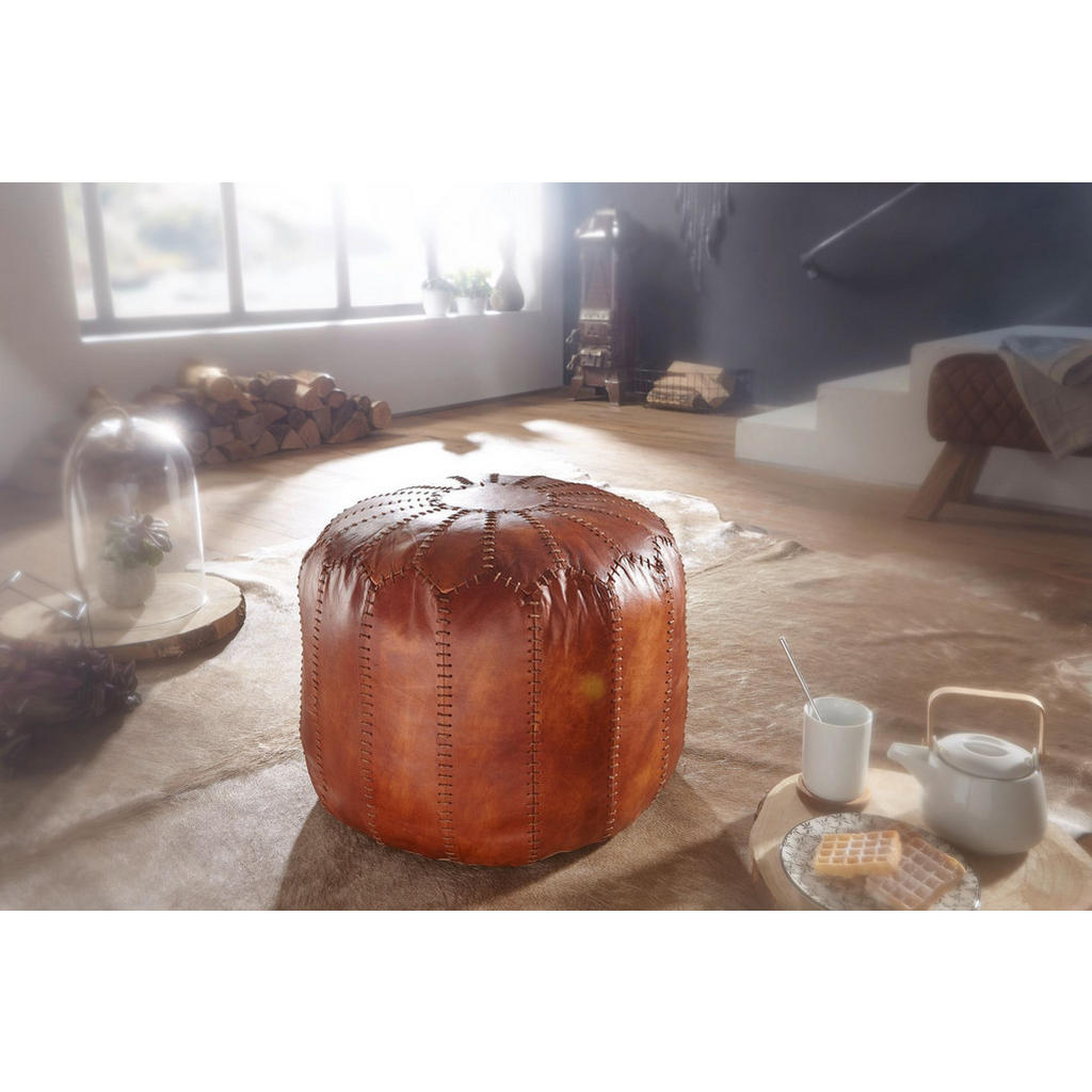 Thumbnail - Kadima Design Sitzhocker, Braun, Leder, Rund, 52x40x52 cm, Wohnzimmer, Hocker, Poufs