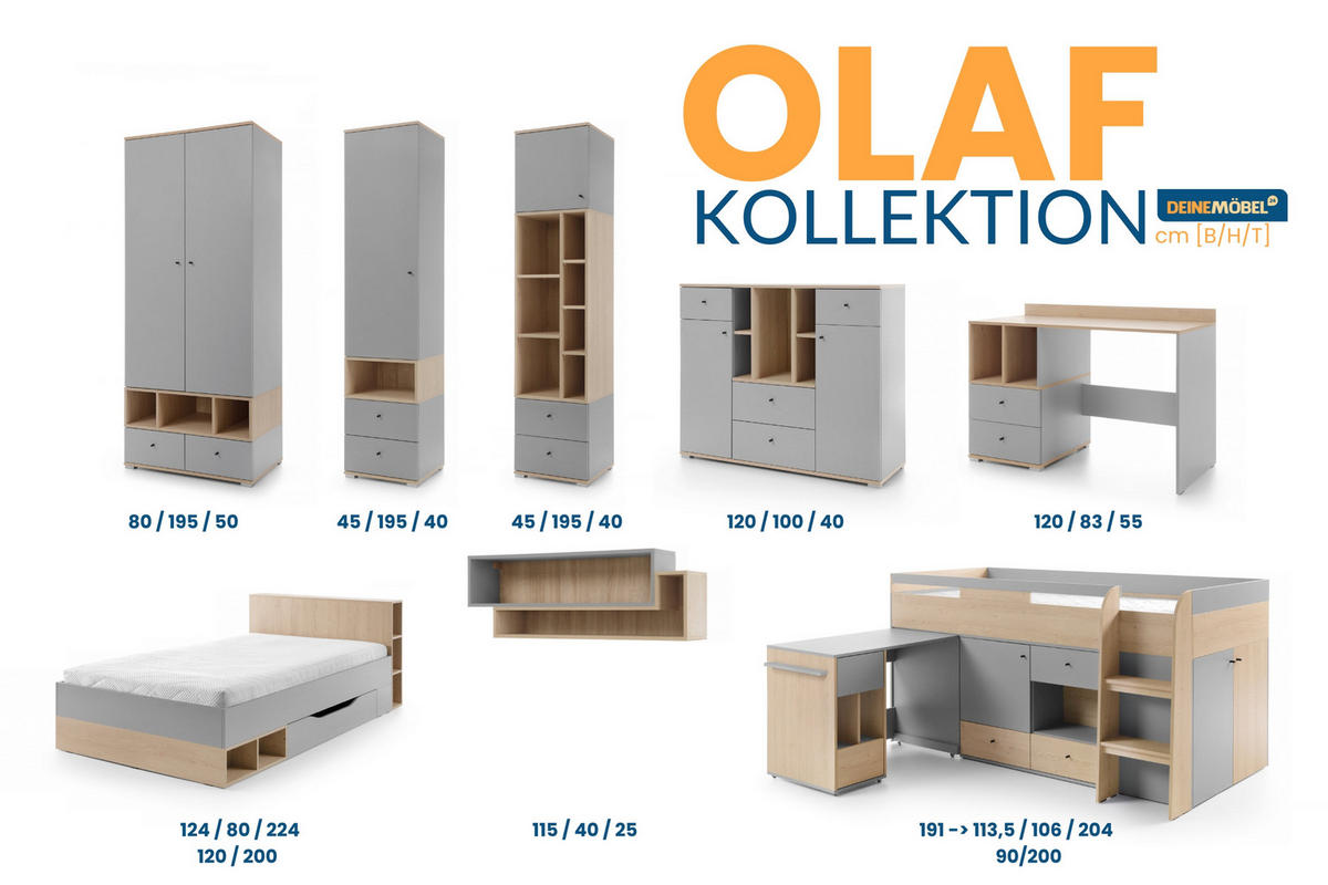 KINDERREGAL OLAF 02 45/40/195 in Platin Grau / Biskuit Eiche - Eichefarben/Grau, Holzwerkstoff (45/195/40cm) - Deine Möbel 24