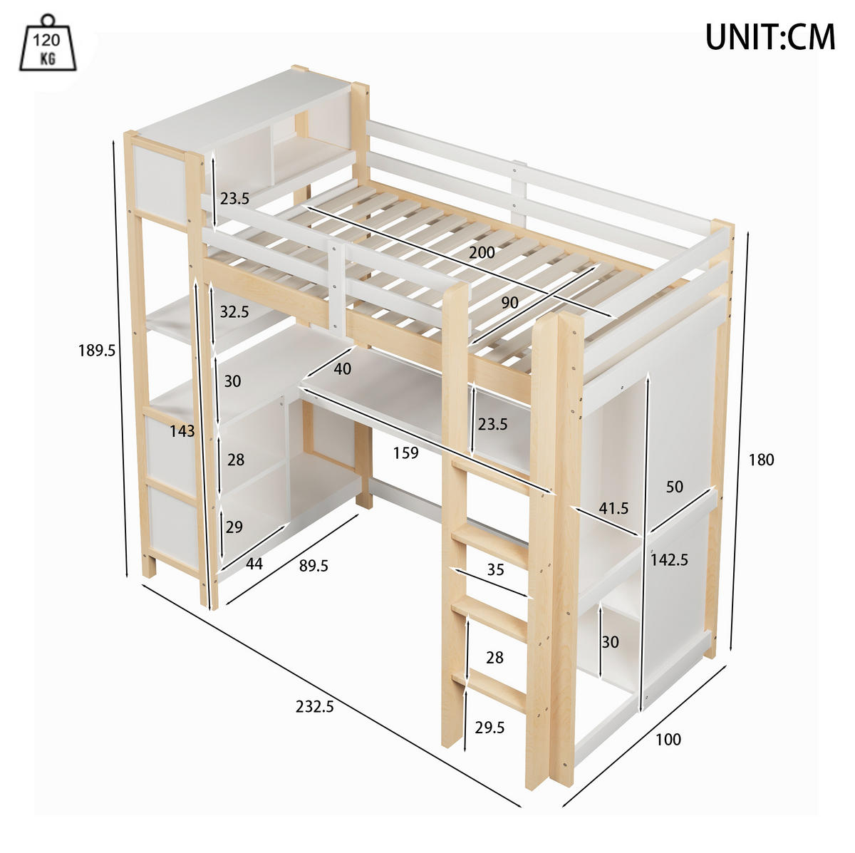 VISOKA postelja 90/200 cm bela/naravna z mizo, policami in omaro iz bora in MDF - naravne barve, leseni material (90/200cm) - OKWISH