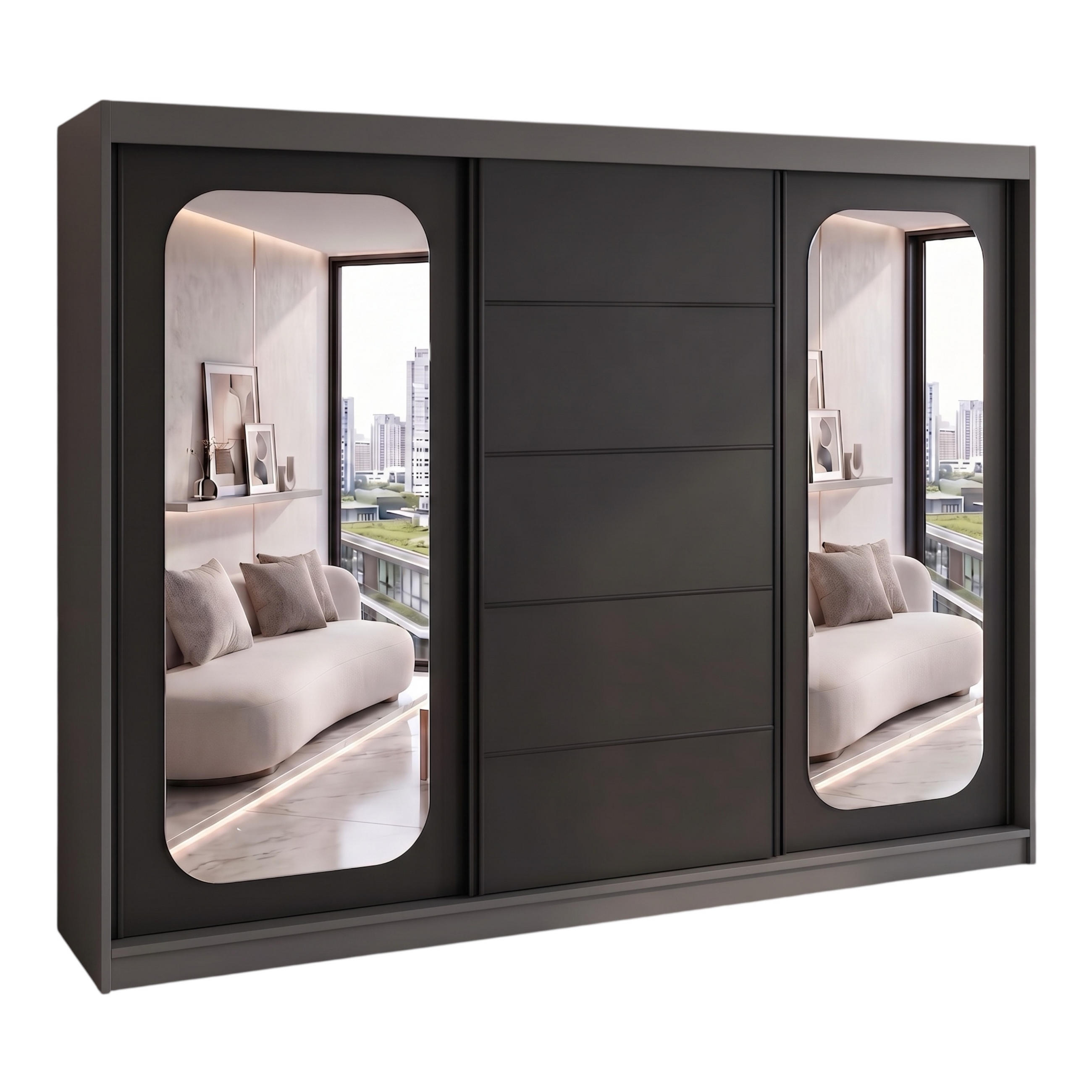SCHWEBETÜRENSCHRANK BELANO 200 cm. Innenausstattung: Comfort plus - Graphitfarben/Schwarz, Holzwerkstoff (200/215/59.5cm) - A&J MöbelLand