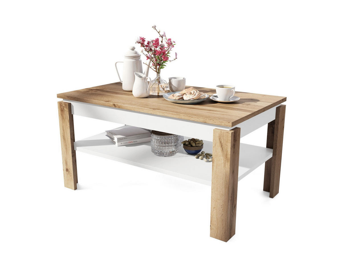 COUCHTISCH rechteckig Eiche Wotan Weiß höhenverstellbar 100/60/55 cm - Eiche Wotan/Weiß, Holzwerkstoff (60/100/55cm) - designimpex