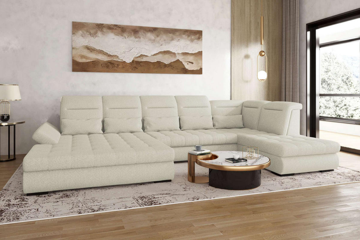 WOHNLANDSCHAFT Toscana Strukturstoff inkl. Schlaffunktion - Hellgrau, Textil (208/87/358cm) - 99rooms