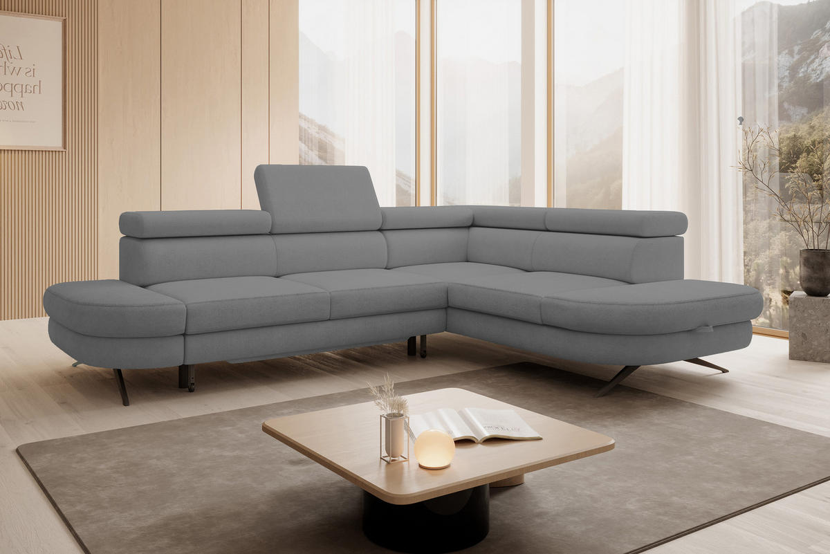 ECKSOFA OTIS L-förm, Schlaffunktion, verstellbare Kopfstützen, in AURORA-Stoff, lose Rückenkissen, freistehend, RECHTS 276x218x97 cm Grey - Grau, Holz/Textil (276/218cm) - DomoHome