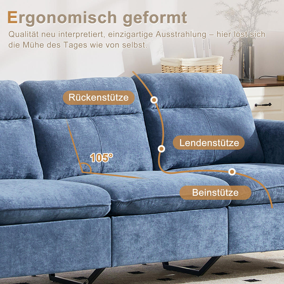 ECKSOFA 201/110/86 cm Blau mit Aufbewahrungshocker und Seitentaschen - Blau, Holz/Textil (201/110cm) - Oxeza