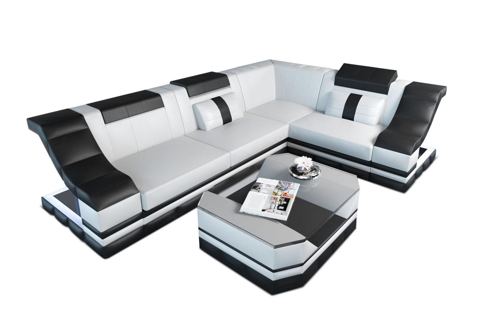 COUCH Bianchi Weiß Schwarz Kunstleder - Weiß, Textil (271/196cm)