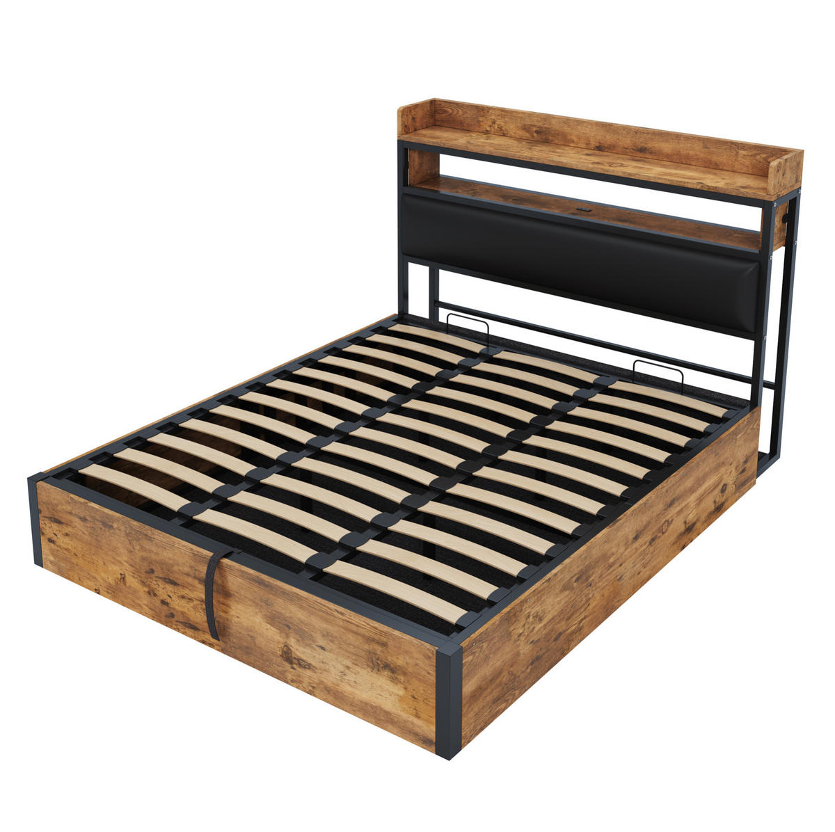 ČALOUNĚNÁ postel 180/200 cm, kov a dřevo černá, s hydraulickým úložným prostorem a USB - černá, kov (180/200cm) - BEAOK