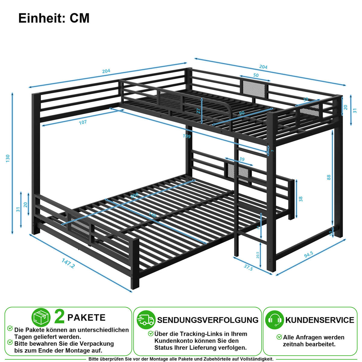PATROVÁ POSTEL 90/200 cm & 140/200 cm v černé barvě z kovu - černá, kov (140/200cm) - CHICFURN