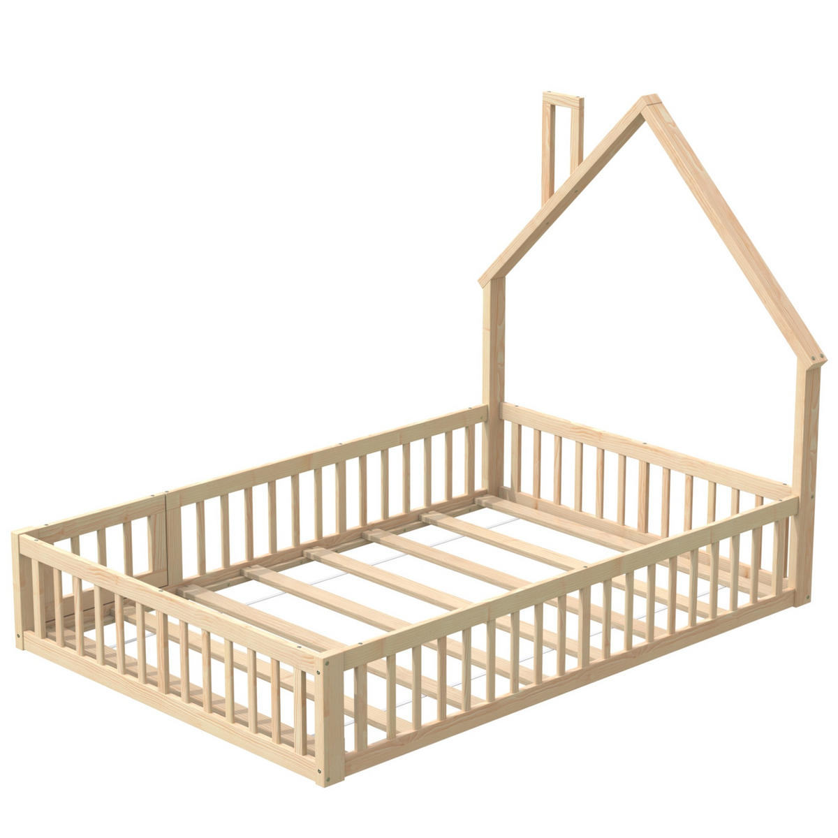 POSTELJA v obliki hiše 140/190 cm naravna iz bora in MDF z varovalno ograjo in letvenim dnom - naravne barve, leseni material (140/190cm) - OKWISH
