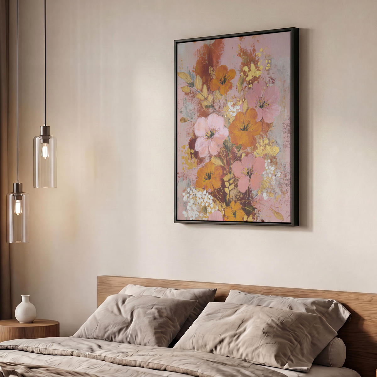 LEINWAND Bilder mit Rahmen - Malerei - Blumen - Rustikal - Rosa - 60x80 - Altrosa, Textil (60/80cm) - MuchoWow