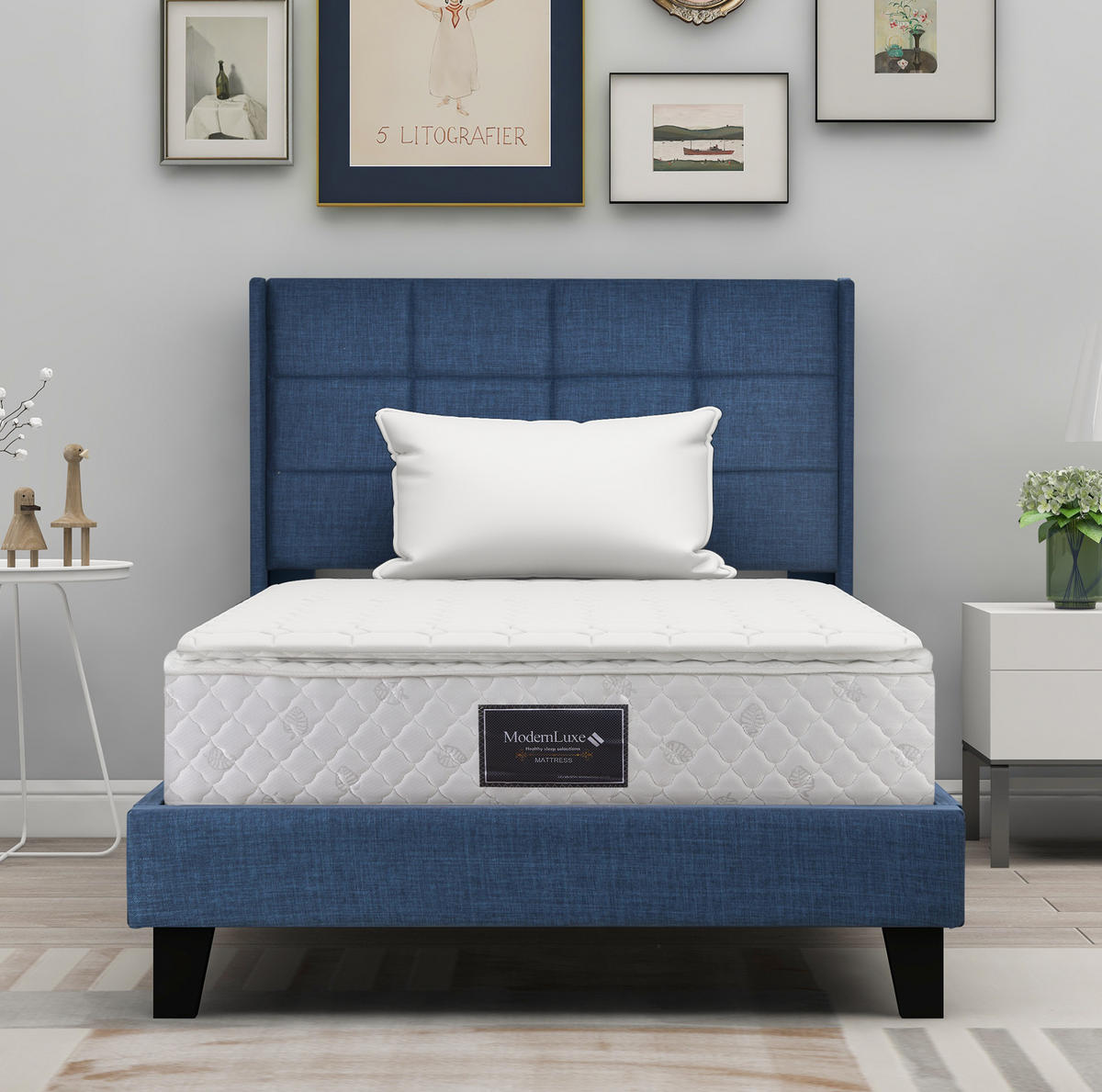 POLSTERBETT 90/200 cm Blau aus Leinen mit Federkernmatratze - Blau, Textil (90/200cm) - OKMYHOME