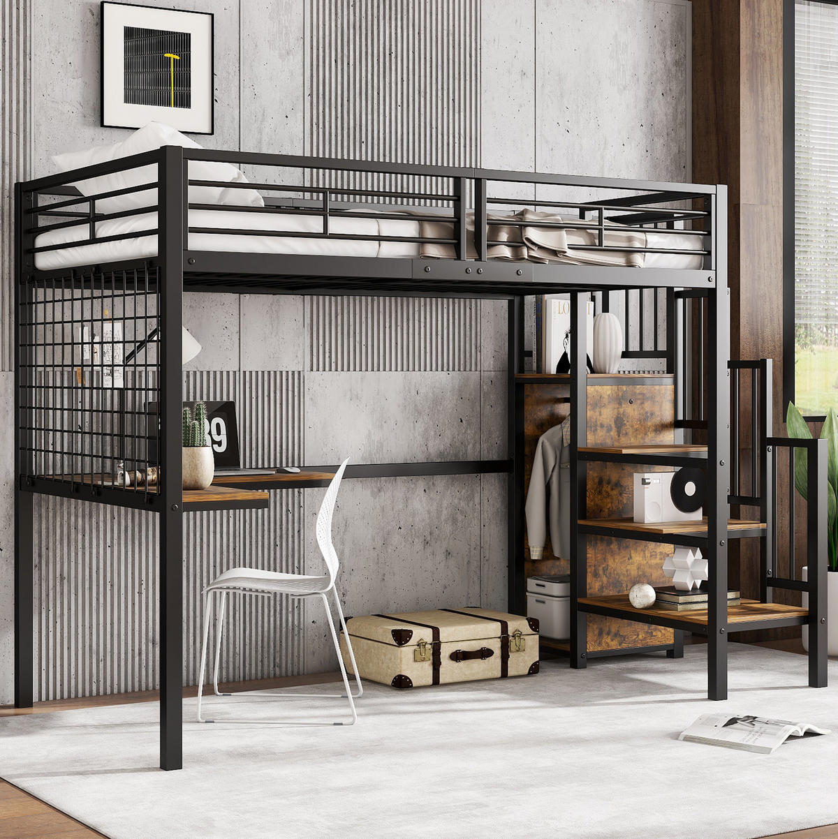HOCHBETT 90/200 cm mit Tisch, Kleiderschrank und Seitentreppe aus Metall/Holzwerkstoff, Schwarz/Dunkle Holzfarbe - Schwarz, Holzwerkstoff (90/200cm) - Redom