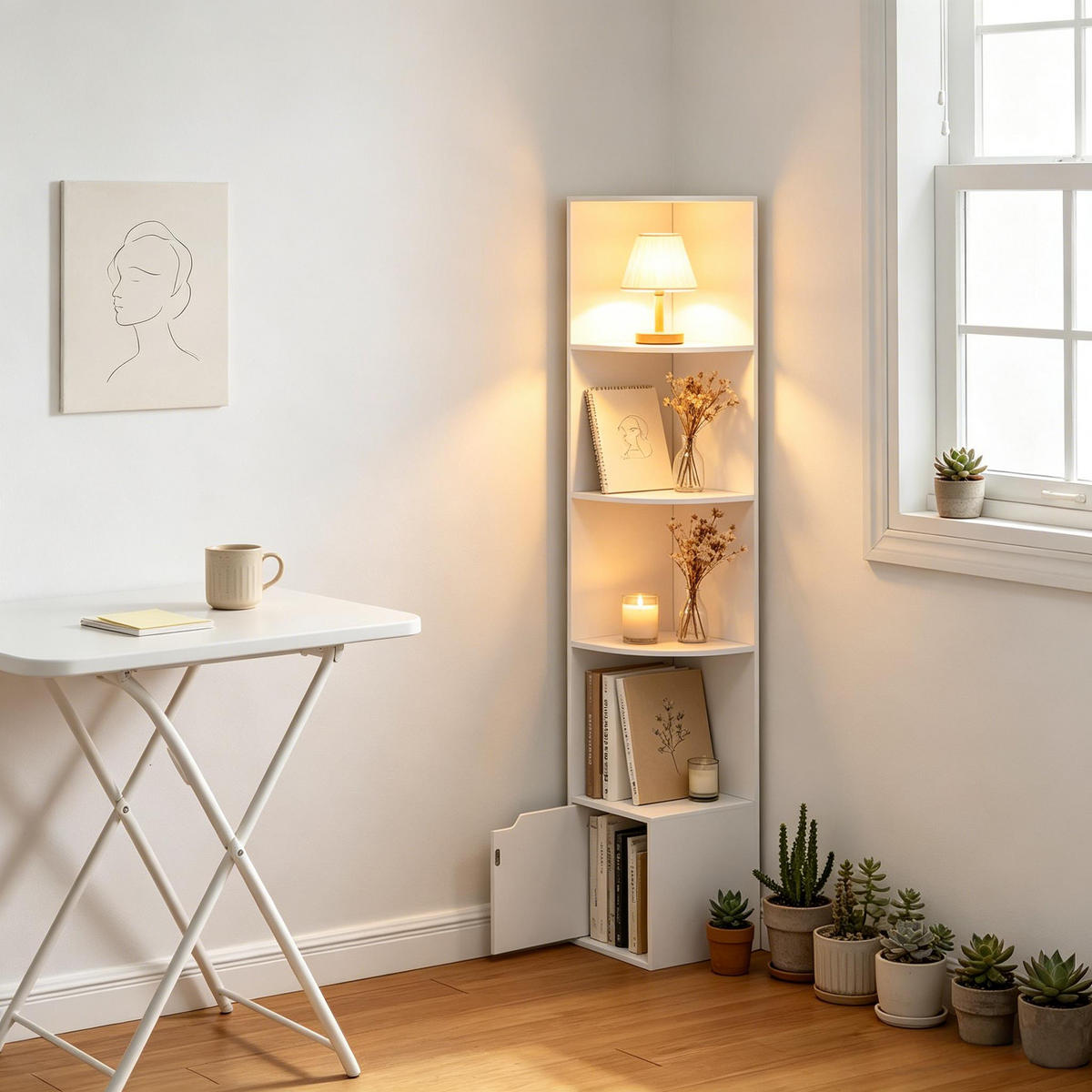 BÜCHERREGAL Weiß 5 offene Fächer und 1 Tür 29,5/29,5/157,5 cm - Weiß, Holz (29.5/157.5/29.5cm) - PANGIVO