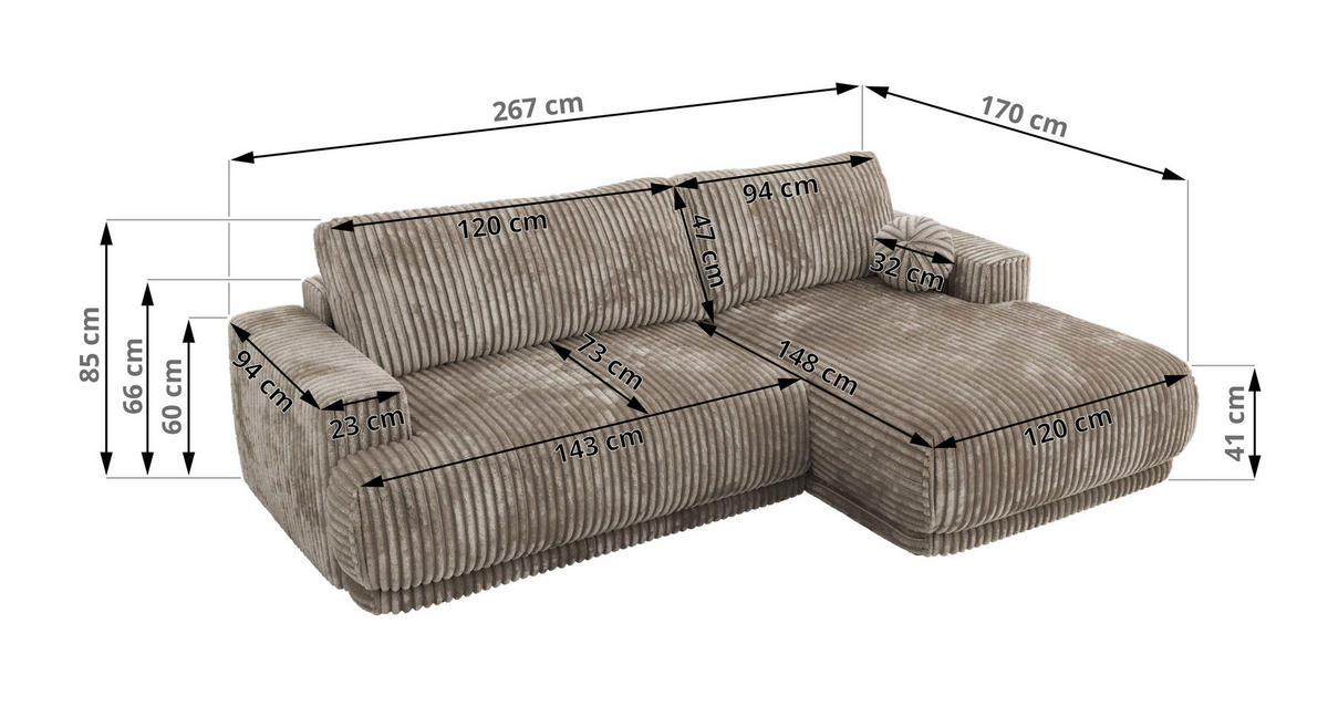 ECKSCHLAFSOFA RINA L Hellbraun Cord - rechts - Hellbraun/Schwarz, Kunststoff/Textil (170/267cm) - MKS