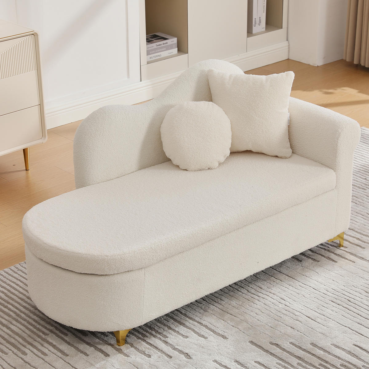 RÉCAMIERE Stoff Beige & Weiß mit Stauraum und mit Kissen - Beige, Holzwerkstoff/Textil (134/70/64cm) - WISHDOR