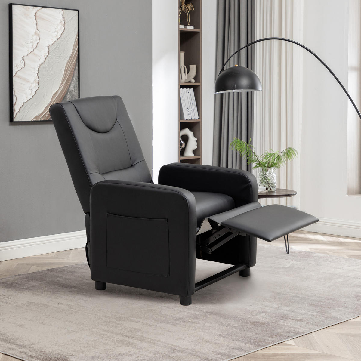 RELAXSESSEL PU mit verstellbarer Rückenlehne, klappbarer Fußstütze 76,5/67,5/95,5 cm Schwarz - Schwarz, Kunststoff (67.5/95.5/76.5cm) - Redom