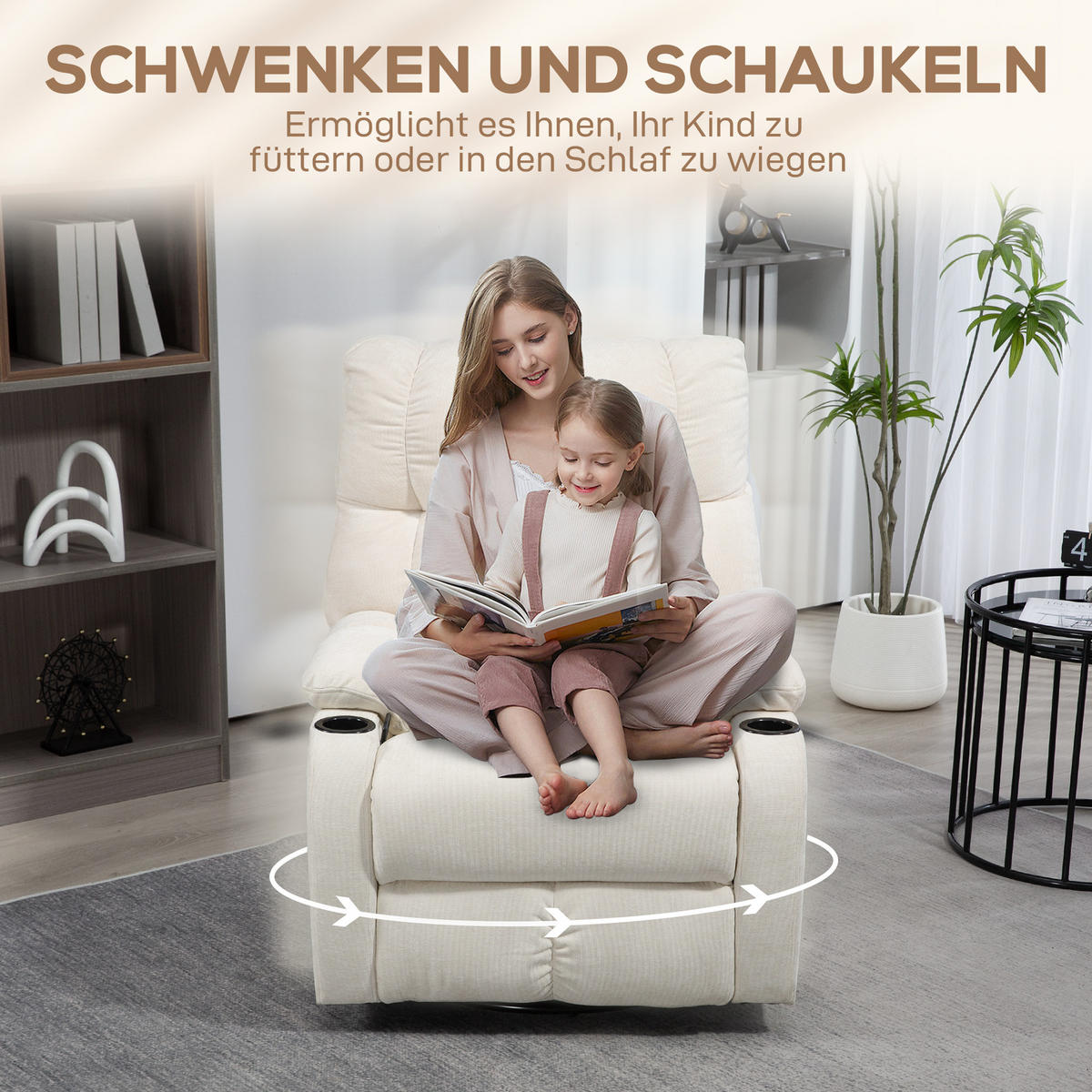 RELAXSESSEL Drehbar Fernsehsessel mit Liegefunktion, Schaukelfunktion Beige - Beige/Schwarz, Textil/Metall (96/108/88cm) - HOMCOM