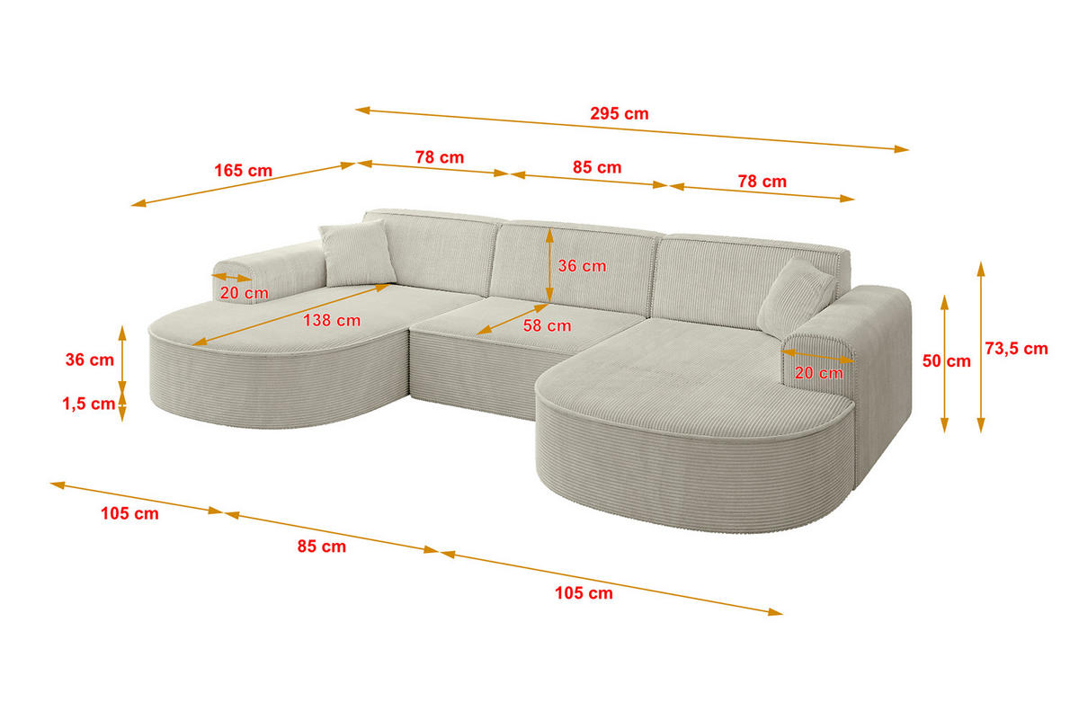 WOHNLANDSCHAFT MARI-U1 - 295x163x73,5 cm Hellgrau Cord - Hellgrau/Schwarz, Holzwerkstoff/Kunststoff (295/73.5/163cm) - ALTDECOR